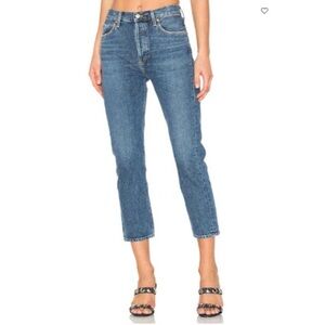Anthropologie Agolde 29 Riley High Rise Straight Crop Jeans Denim Blue ButtonFly